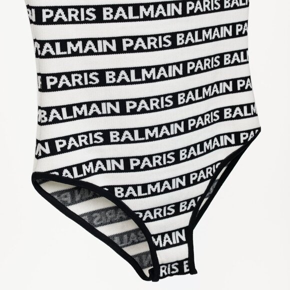 Balmain Black & White Knit All-Over Logo-Stripe Bodysuit - Picture 6 of 9